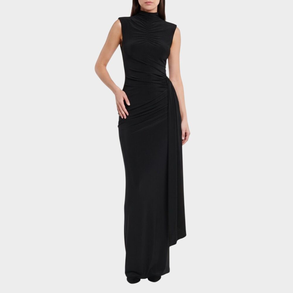 Naked Wardrobe Black Mock Neck Ruched Draped Maxi Dress XS